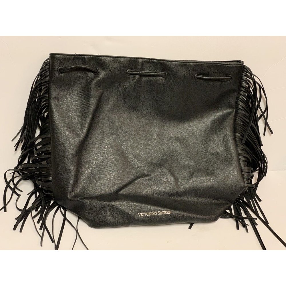 Vintage Large Victoria Secret Bag Black Faux Leather Fringe Tassel Tote Sexy VS